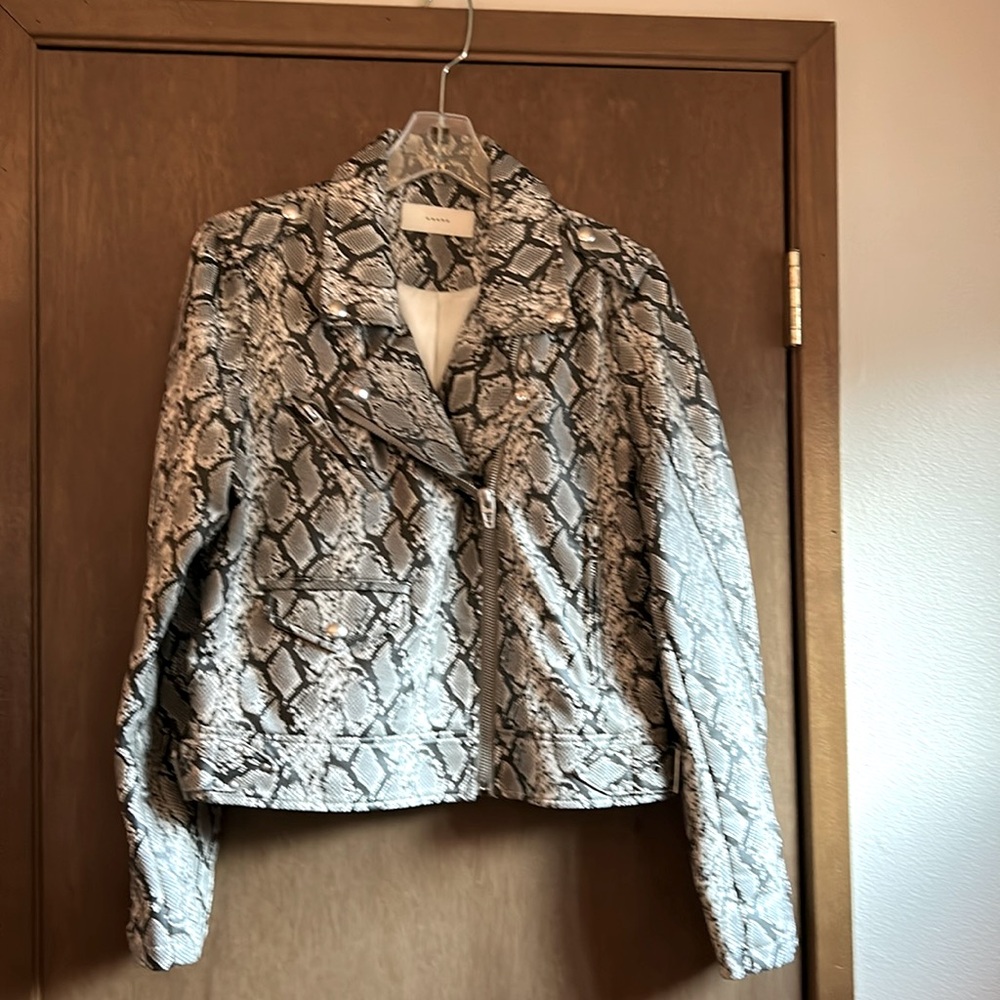 BLANK NYC python faux leather motocross jacket, size large. Zippers, buckles!